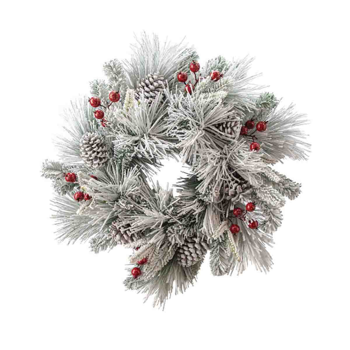 61cm Flocked Mixed Pine Wreath W/berries & Pinecones