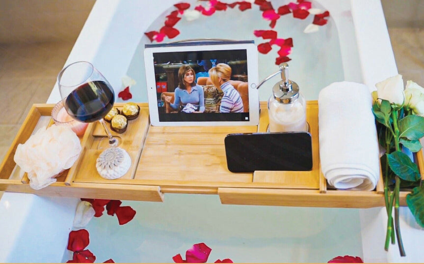 Spa- Bamboo Bath Tub Tray With Adjustable Arms