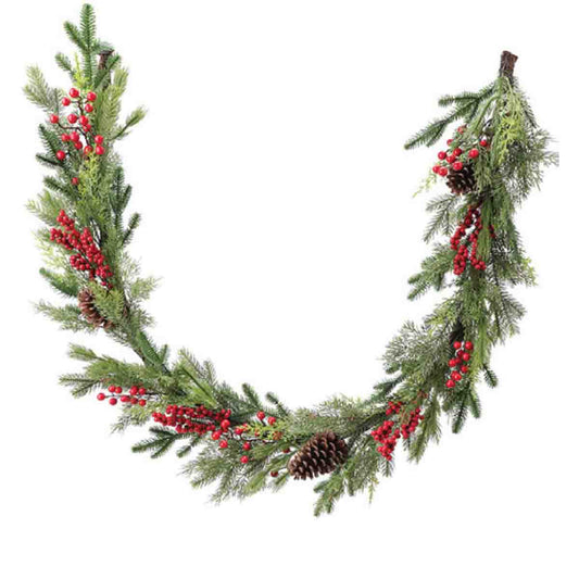 1.83m Mixed Pine Garland With Pinecones And Red Berries