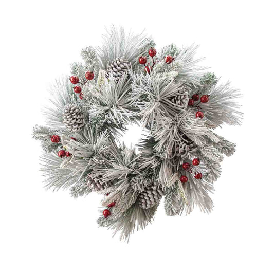 61cm Flocked Mixed Pine Wreath W/berries & Pinecones