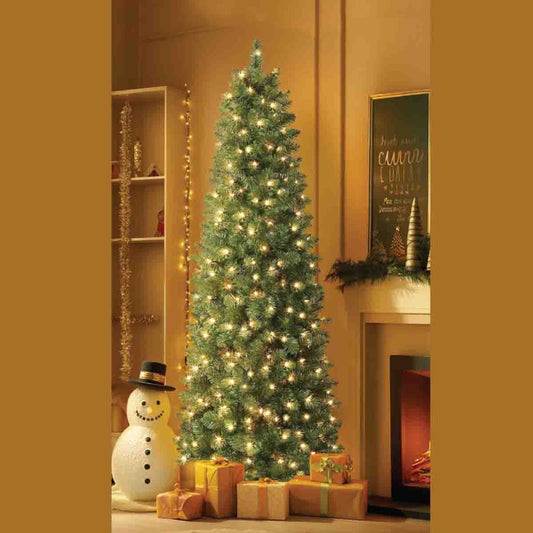 7.5ft Prelit Artificial Hinged Slim Pencil Christmas Tree with 250 Dual LED Light
