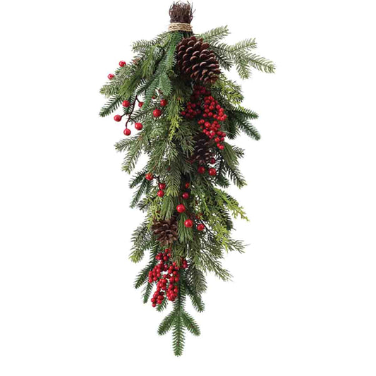 71cm Mixed Pine Teardrop With Pinecones And Red Berries
