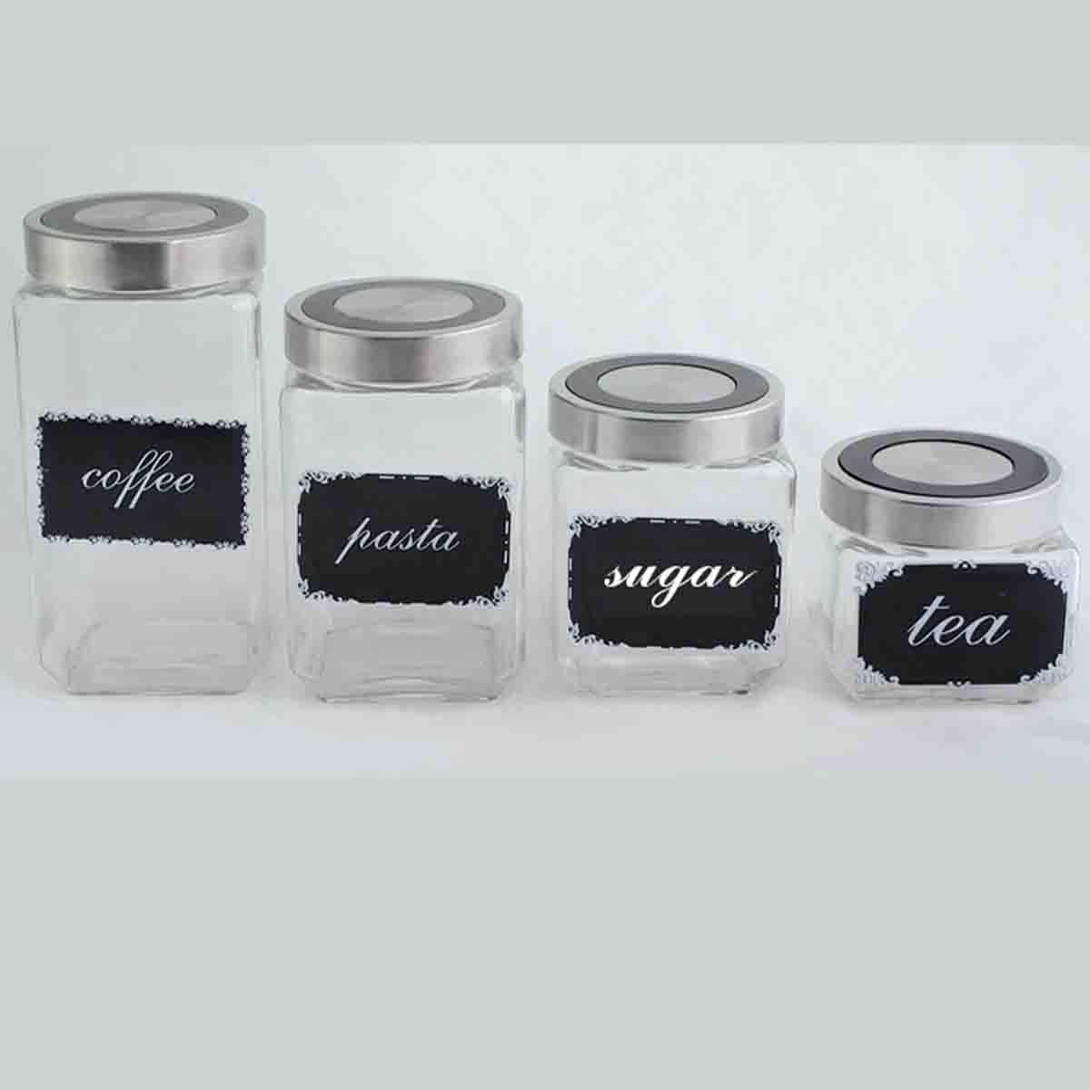 Set of 4 clear glass jars with black board