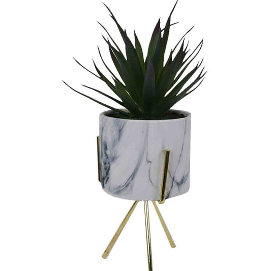 Artificial Succulent Plant in White Marble Ceramic pot with gold Metal Stand
