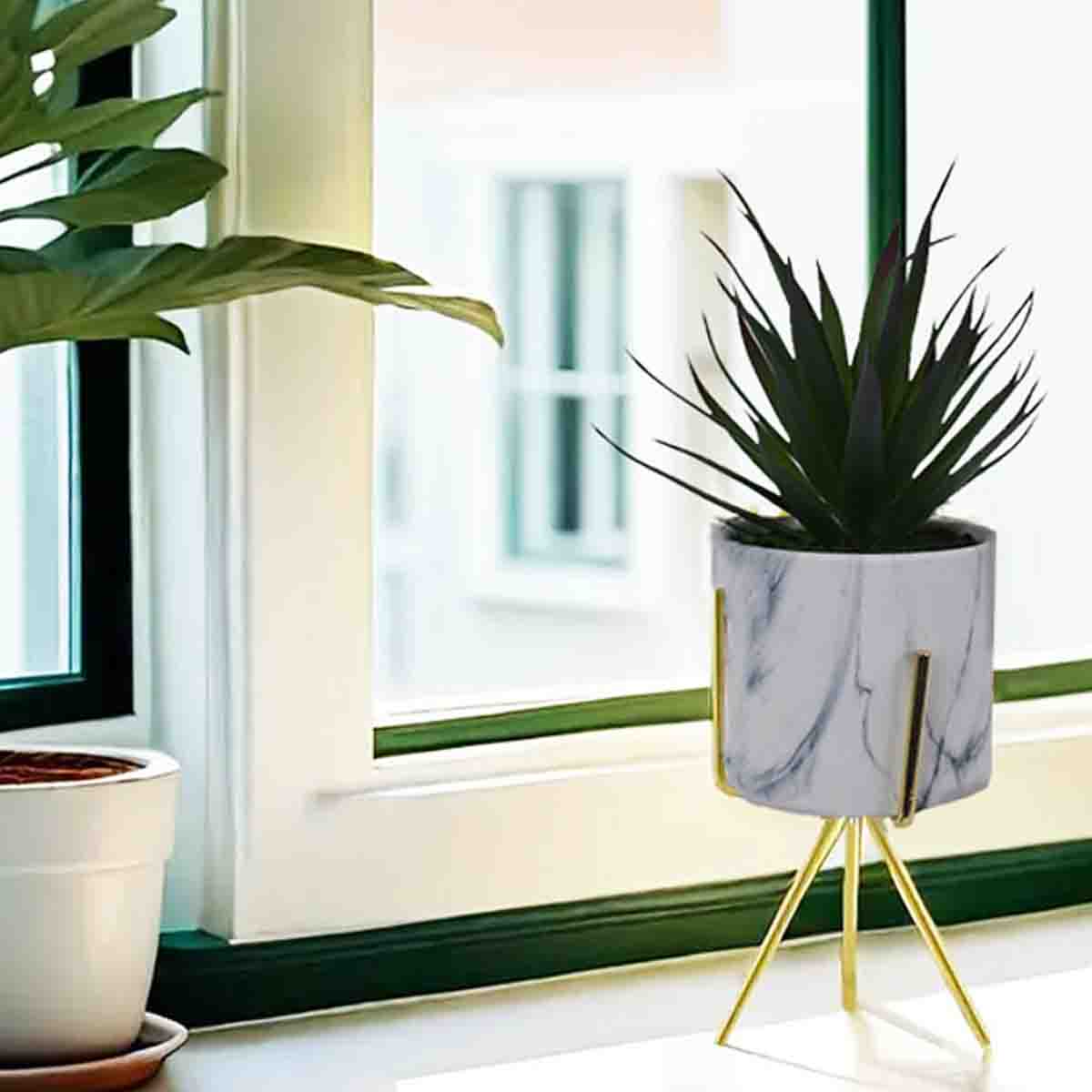 Artificial Succulent Plant in White Marble Ceramic pot with gold Metal Stand