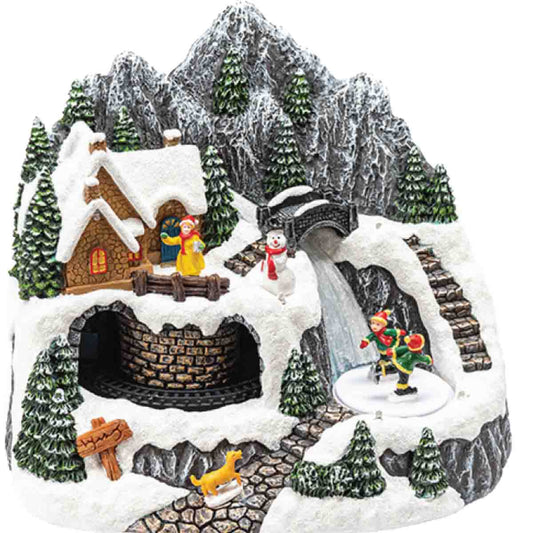 House & Waterfall Mountain Animated Polyresin Led Light Up