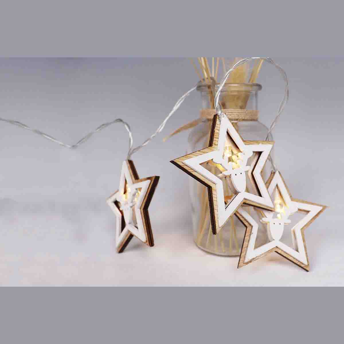 Lauren Taylor - 10 Pcs Light Chain With Wooden Star With Reindeer Head